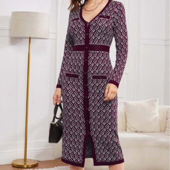Burgundy Button Front Pattern Sweater Dress - Picture 4 of 9